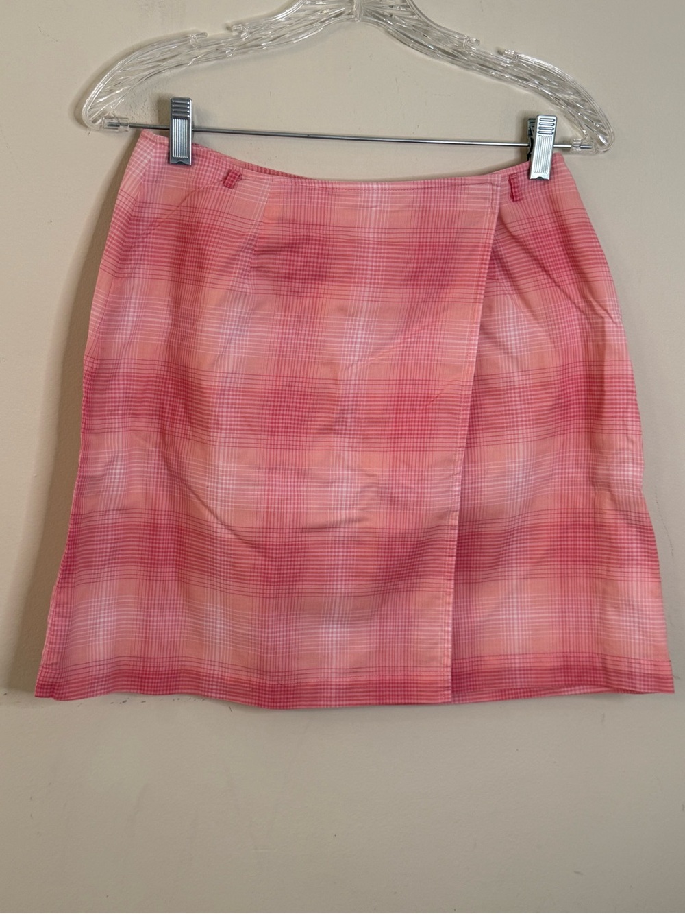 Loz Claiborne LIZSPORT pink plaid wrap mini skirt lined preppy golf SZ 4